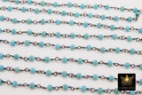 Turquoise Rosary Blue Beaded Chain, 4 mm Wire Wrapped CH #524, Silver Plated