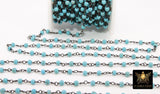 Turquoise Rosary Blue Beaded Chain, 4 mm Wire Wrapped CH #521, 6 mm Gunmetal Black