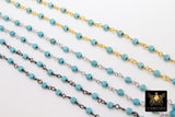 Turquoise Rosary Blue Beaded Chain, 4 mm Wire Wrapped CH #521, 6 mm Gunmetal Black