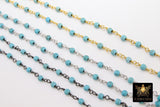 Turquoise Rosary Blue Beaded Chain, 4 mm Wire Wrapped CH #521, 6 mm Gunmetal Black