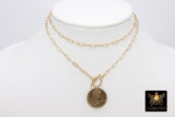 Coin Necklace, Medallion 14 K Gold Toggle Double Wrap Choker, Greek Owl Athena