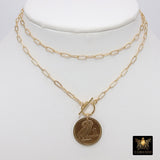 Coin Necklace, Medallion 14 K Gold Toggle Double Wrap Choker, Greek Owl Athena