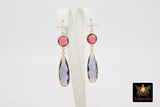 14 K Gold Pink Tourmaline Earrings, Iolite Gemstones, Dangle Ear Wire Hooks
