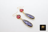 14 K Gold Pink Tourmaline Earrings, Iolite Gemstones, Dangle Ear Wire Hooks