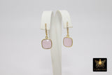 Huggie Hoop Earrings, Rose Quartz Gold Hoops, CZ Square Pink Gemstone Earring