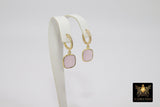 Huggie Hoop Earrings, Rose Quartz Gold Hoops, CZ Square Pink Gemstone Earring