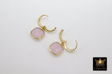 Huggie Hoop Earrings, Rose Quartz Gold Hoops, CZ Square Pink Gemstone Earring