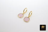 Huggie Hoop Earrings, Rose Quartz Gold Hoops, CZ Square Pink Gemstone Earring