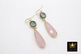 14 K Gold Filled Earrings, Pink Moonstone and Labradorite Gemstones, Dangle Teardrop Wire Hooks