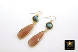 14 K Gold Filled Earrings, Pink Moonstone and Labradorite Gemstones, Dangle Teardrop Wire Hooks