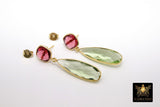 Green Amethyst and Pink Tourmaline Stud Earrings, Gold, 925 Teardrop Gemstone