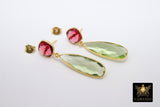 Green Amethyst and Pink Tourmaline Stud Earrings, Gold, 925 Teardrop Gemstone