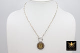 Silver Coin Necklace, 925 Sterling Silver Medallion Toggle Wrap Necklace, Rectangle Chain Tiger or 6 other Gold Coin