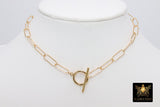14 K Gold Large Toggle Bar Necklace, Large Double Wrap Rectangle Oval Chain Link Everyday Choker - 14 Inch/Toggle