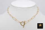 14 K Gold Large Toggle Bar Necklace, Large Double Wrap Rectangle Oval Chain Link Everyday Choker