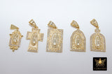 Gold Jesus Virgin Mary Charms, CZ Micro Pave Pendants, Matte Gold Cross #919