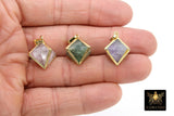 Natural Fluorite Diamond Charms, Gold Hexagon Shape Pendant AG# 2096, Purple Green Pink Clear Quartz Gemstones Small Charms