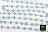 Turquoise Rosary Beaded Chain, 6 mm Silver plated Wire Wrapped CH #522, Blue Boho Howlite Chain