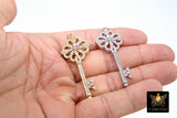 CZ Pave Key Pendant, Cubic Zirconia Skeleton Key Bead Charm #100, Gold or Silver Fancy Filigree