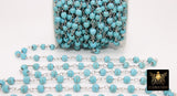 Turquoise Rosary Beaded Chain, 6 mm Silver plated Wire Wrapped CH #522, Blue Boho Howlite Chain