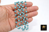 Turquoise Rosary Beaded Chain, 6 mm Silver plated Wire Wrapped CH #522, Blue Boho Howlite Chain