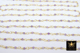 Amethyst Rosary Chain, Genuine Faceted 3 mm Diamond Cut Beads CH #310, Gold Wire Wrapped Purple Beads