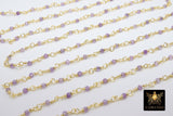 Amethyst Rosary Chain, Genuine Faceted 3 mm Diamond Cut Beads CH #310, Gold Wire Wrapped Purple Beads