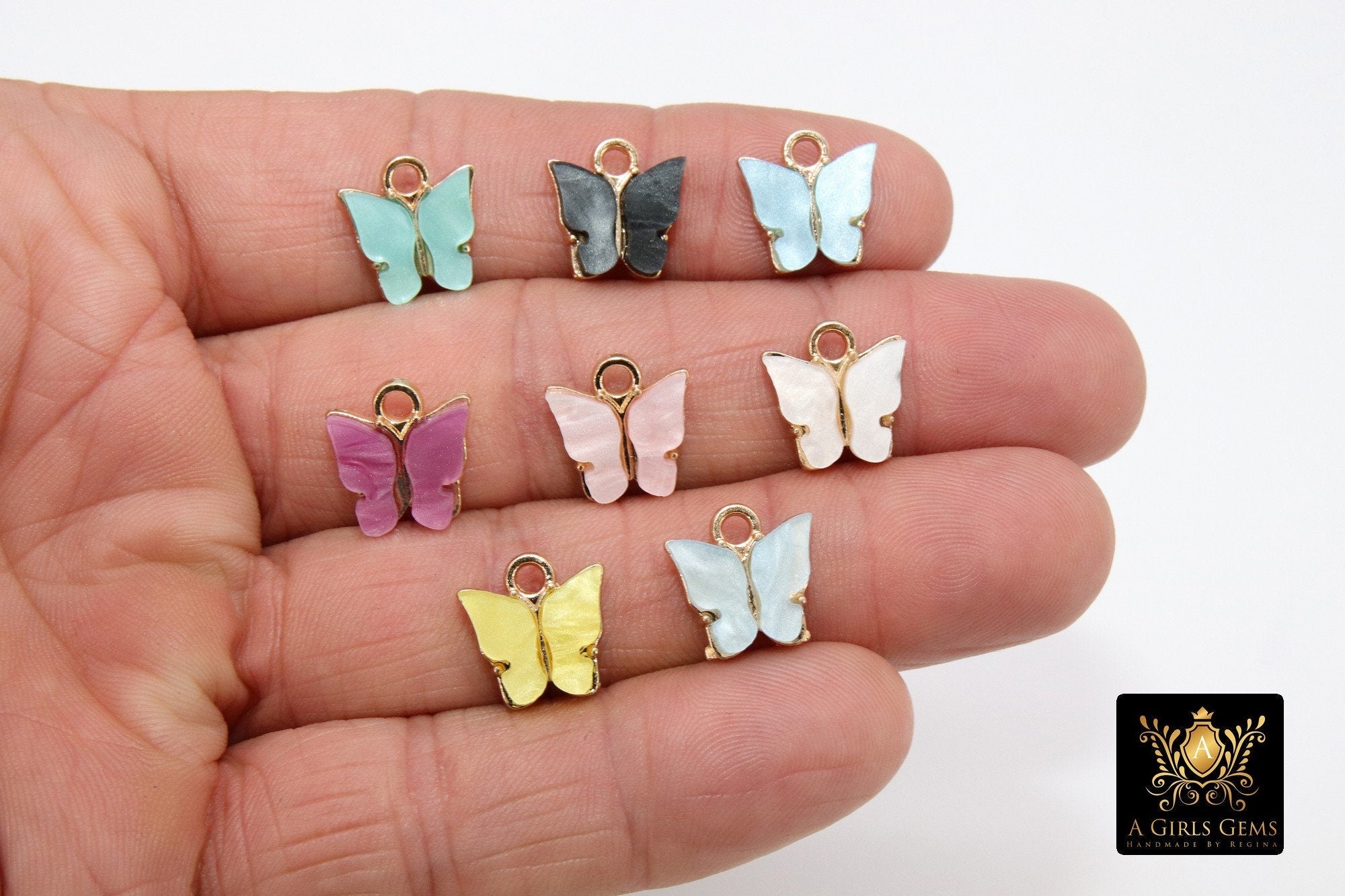 Gold Butterfly Charms, 2 Pc Pearly Soft Mint Resin Small Butterflies, Aqua Soft Mint Acrylic Pendants, Monarch Insect Charms