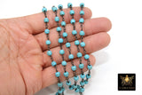 Turquoise Rosary Blue Beaded Chain, 4 mm Wire Wrapped CH #524, Silver Plated