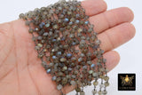 Labradorite Flash Gemstone Chains, 6 mm Bead Black Wire Wrapped Rondelle CH #340, By the Foot