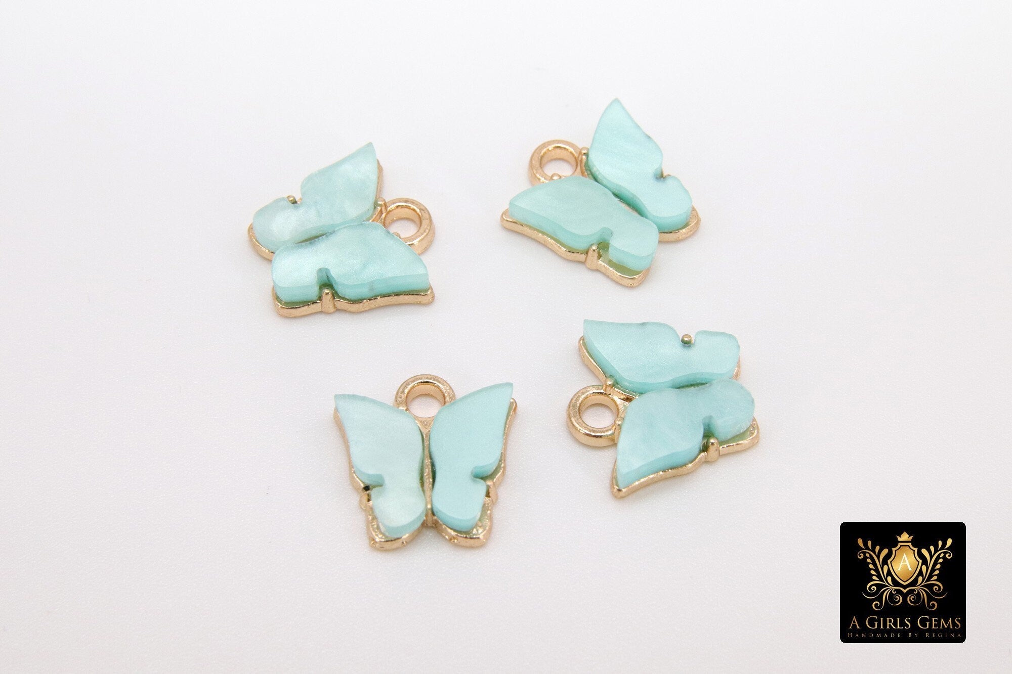 Gold Butterfly Charms, 2 Pc Pearly Soft Mint Resin Small Butterflies, Aqua Soft Mint Acrylic Pendants, Monarch Insect Charms