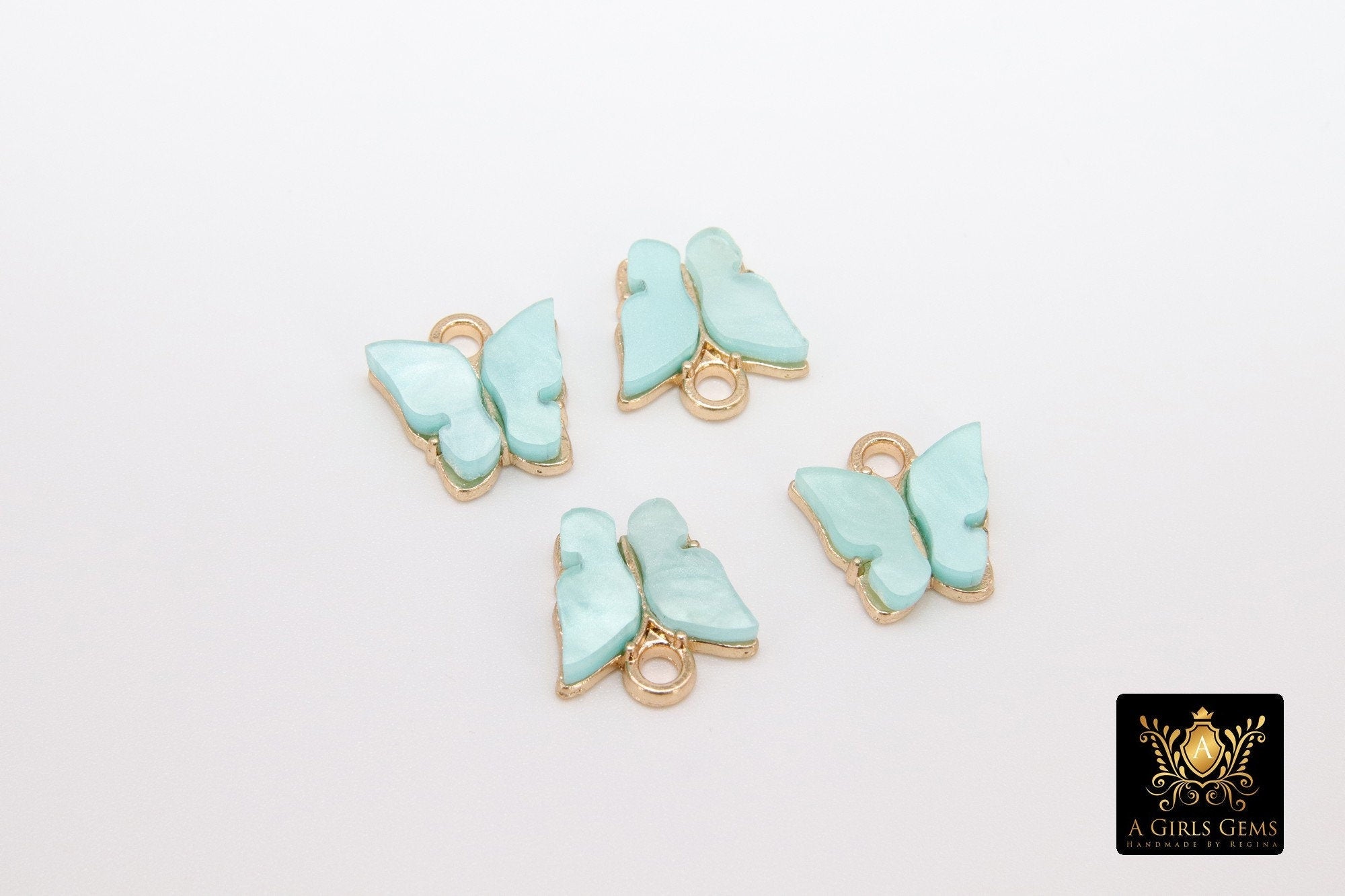 Gold Butterfly Charms, 2 Pc Pearly Soft Mint Resin Small Butterflies, Aqua Soft Mint Acrylic Pendants, Monarch Insect Charms