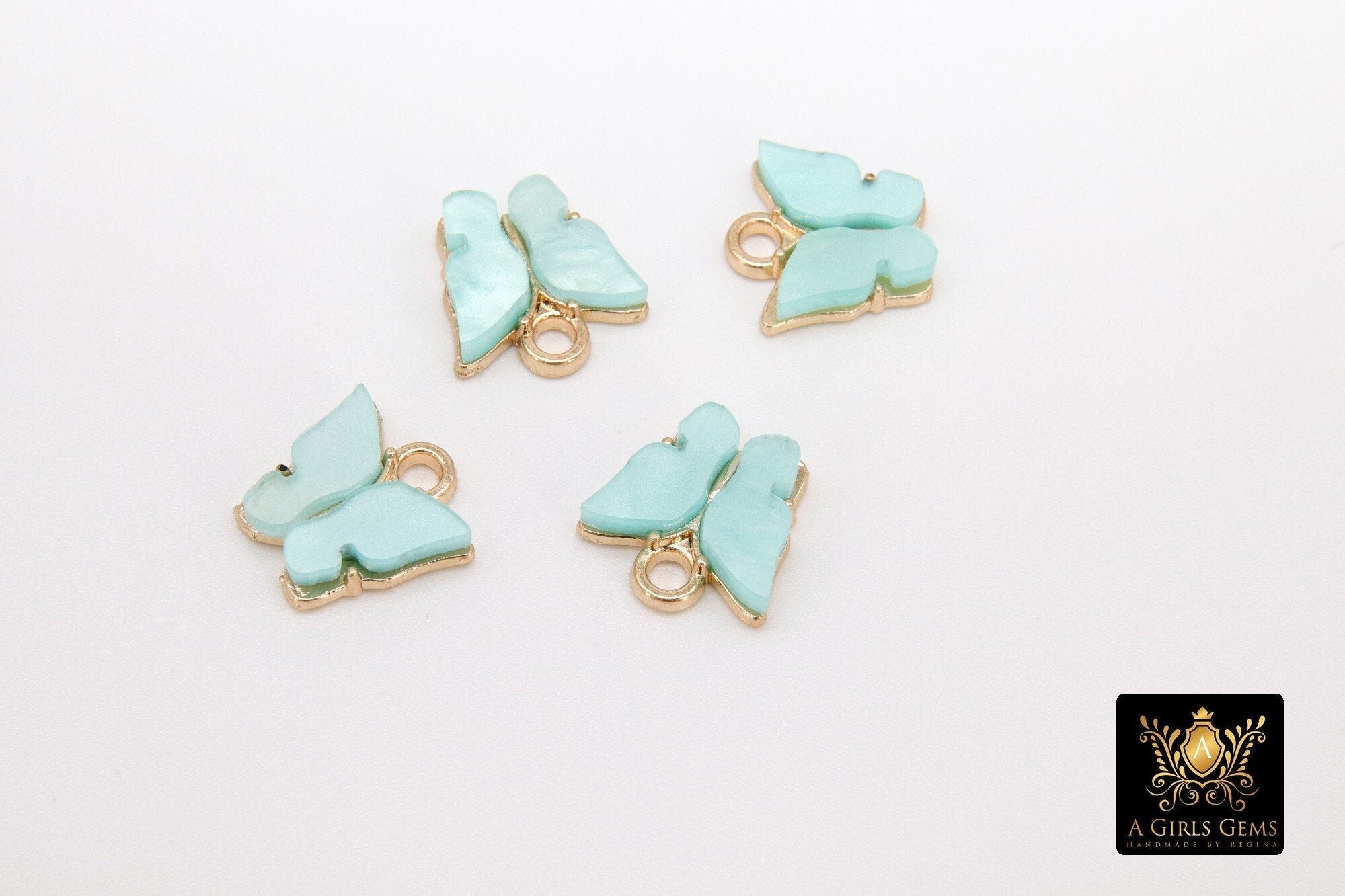 Gold Butterfly Charms, 2 Pc Pearly Soft Mint Resin Small Butterflies, Aqua Soft Mint Acrylic Pendants, Monarch Insect Charms