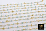 Natural Apatite Rosary Chain, 4 mm Gold Faceted Pyrite Beaded, Wire Wrapped Aqua Mint Blue by the Foot