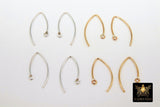 14 K Gold Filled Ear Wire Hooks, 925 Sterling Silver V Wire Earring Findings # 2166, 22 mm Long Earring Hooks