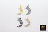 Gold CZ Pave Moon Charm, 14 K Gold over 925 Sterling Silver Crescent Moon # 2346, Half Crescent Moon Charms