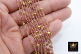 22 k Gold Natural Pink Tourmaline Rosary Chain, Unfinished 4 mm Gold Pyrite Beaded Wire CH #449 Wrapped Fuchsia Diamond Cut Gemstone Beads