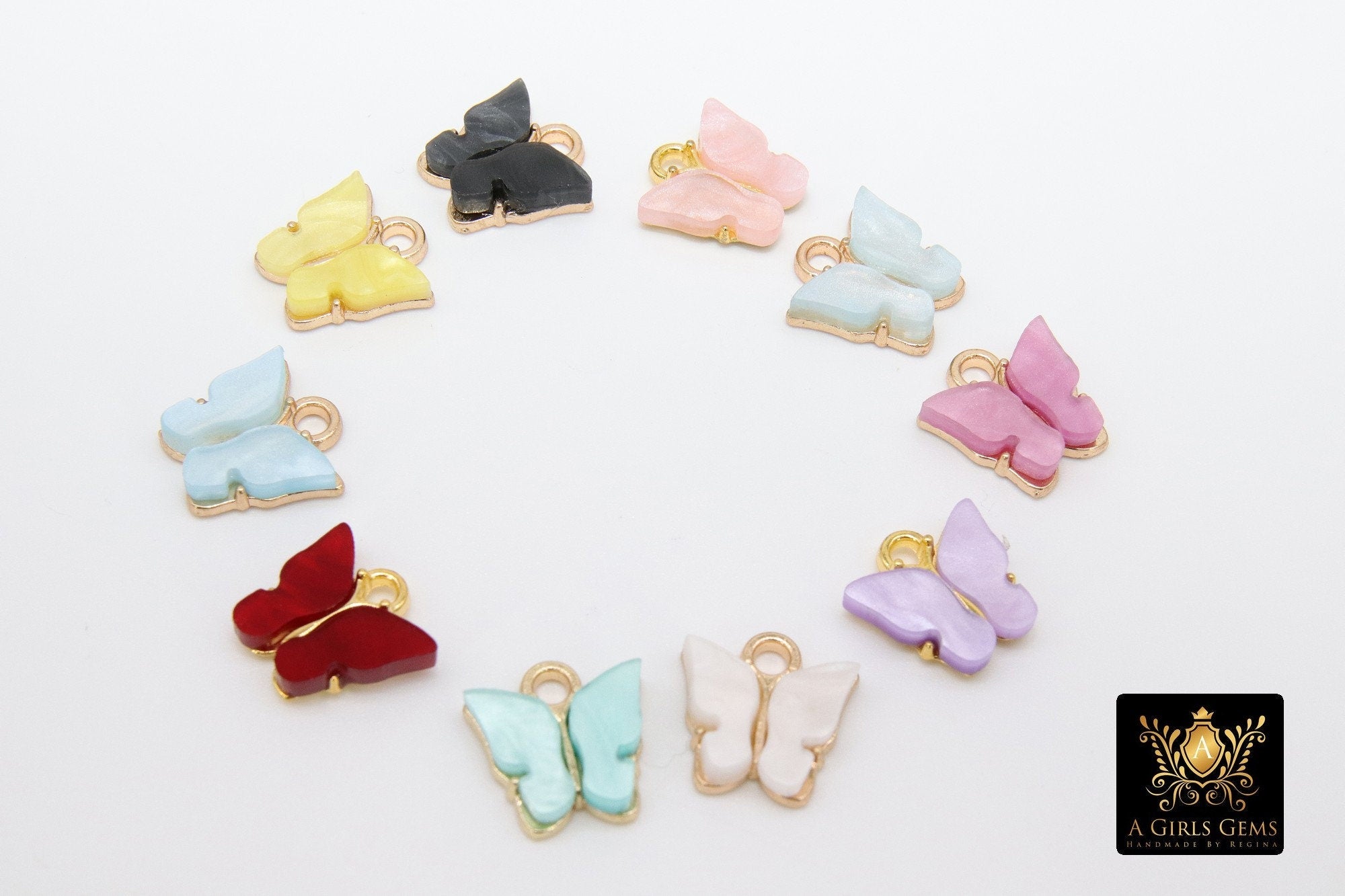 Gold Butterfly Charms, 2 Pc Pearly Soft Mint Resin Small Butterflies, Aqua Soft Mint Acrylic Pendants, Monarch Insect Charms