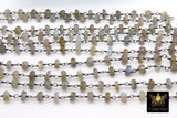 Labradorite Flash Gemstone Chains, 6 mm Bead Black Wire Wrapped Rondelle CH #340, By the Foot