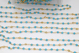 Blue Turquoise Beaded Chain, 4 mm Wire Wrapped Gold Pyrite Blue Howlite Chain for Necklace Chains, By the Foot