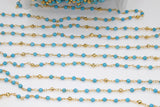 Blue Turquoise Beaded Chain, 4 mm Wire Wrapped Gold Pyrite Blue Howlite Chain for Necklace Chains, By the Foot