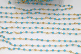 Blue Turquoise Rosary Beaded Chain, 4 mm Wire Wrapped Gold Pyrite Blue Howlite Chain for Necklace Chains, By the Foot