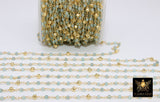 Natural Apatite Chain, 4 mm Gold Faceted Pyrite Beaded, Wire Wrapped Aqua Mint Blue by the Foot