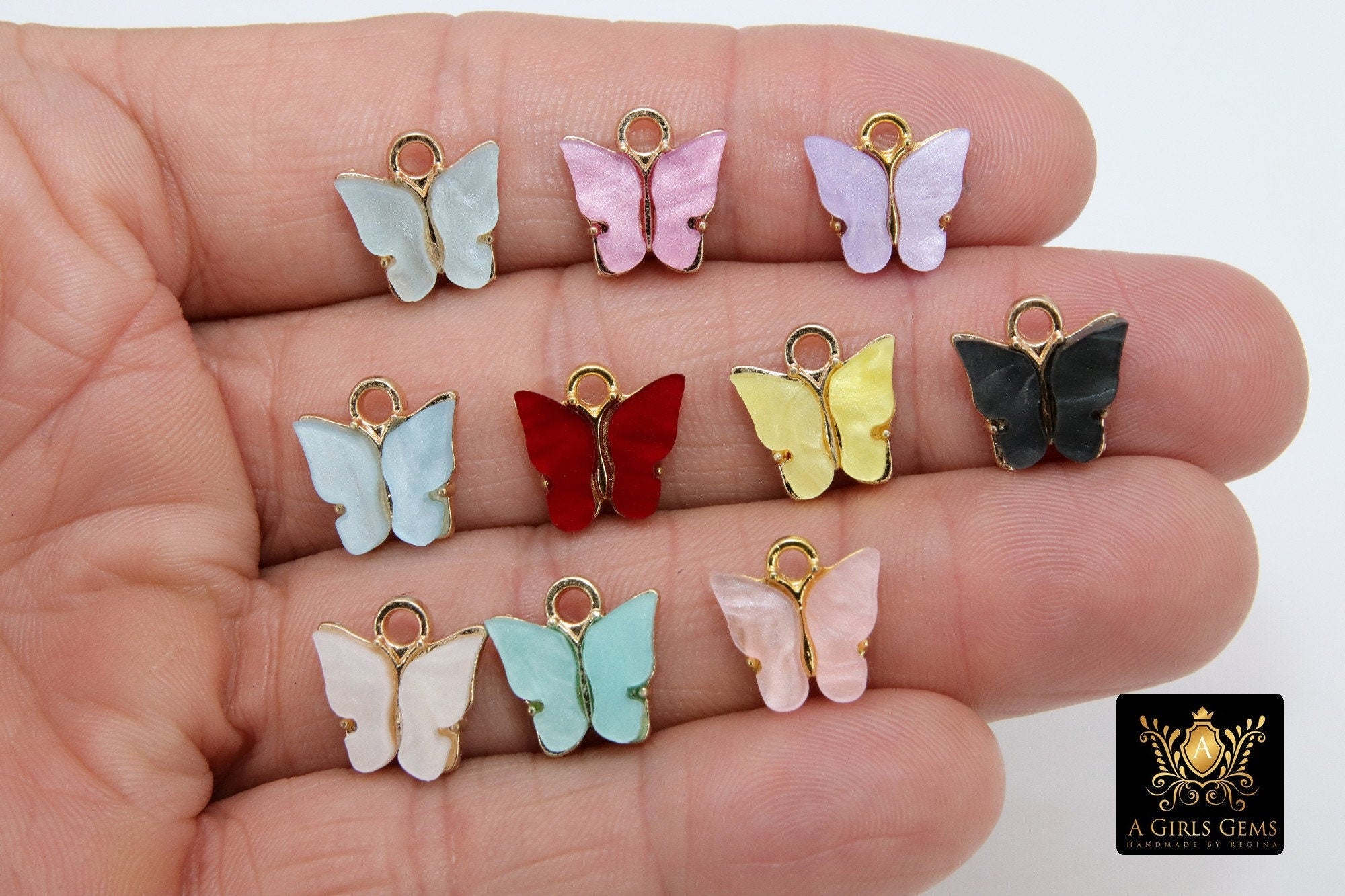 Gold Butterfly Charms, 2 Pc Pearly Soft Mint Resin Small Butterflies, Aqua Soft Mint Acrylic Pendants, Monarch Insect Charms