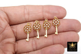 CZ Pave Key Charm, Small Cubic Zirconia Skeleton Key Bead Charm # 2546, Gold Round Fancy Charm