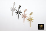CZ Pave Silver Star Charm, Gold Starburst Cubic Zirconia Pendant # 50, Rose Gold North Star for Necklace Jewelry Supplies