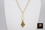 Gold Cross Necklace, Black Rosary Chain With Gold Brass Ethiopian Cross, Long Smoky Grey Rosary Necklaces