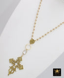 Gold Cross Necklace, Smoky or Black Rosary Chain With Gold Brass Ethiopian Cross, Long Rosary Necklaces