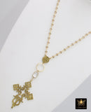 Gold Cross Necklace, Black Rosary Chain With Gold Brass Ethiopian Cross, Long Smoky Grey Rosary Necklaces