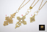 Gold Cross Necklace, Black Rosary Chain With Gold Brass Ethiopian Cross, Long Smoky Grey Rosary Necklaces